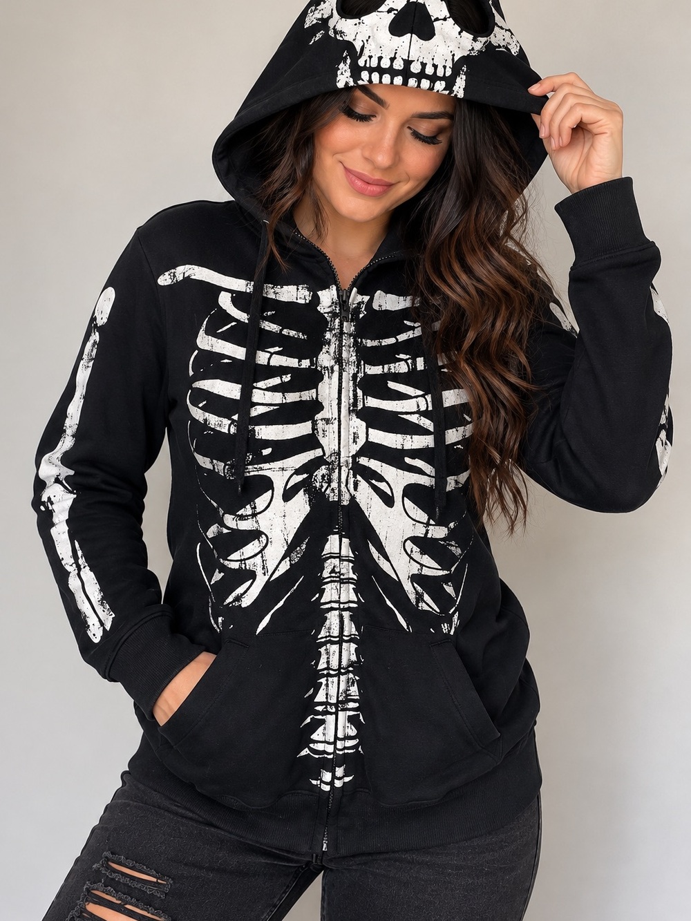 RUDE Skeleton Zip Up Hoodie Medium Black Goth Halloween Y2K